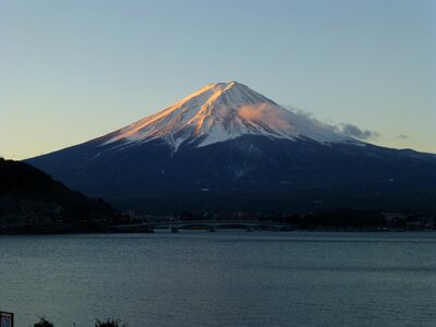 Mount Fuji reflected in Lake Kawaguchi at dawn photo