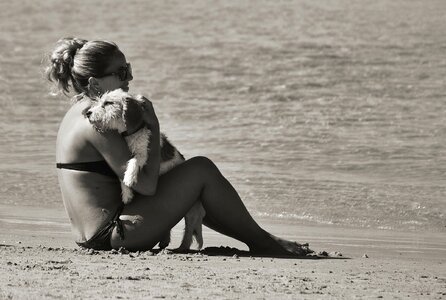 young woman with her dog on the beach watching the sunset photo