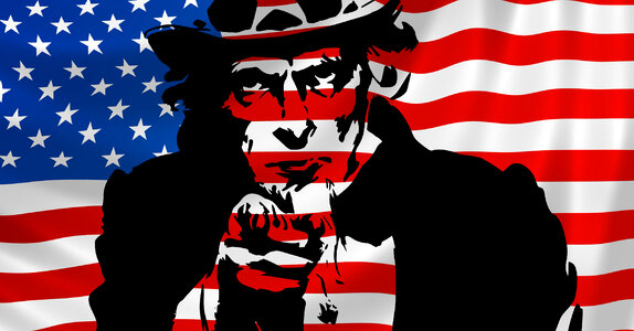 Uncle Sam in front of American Flag photo