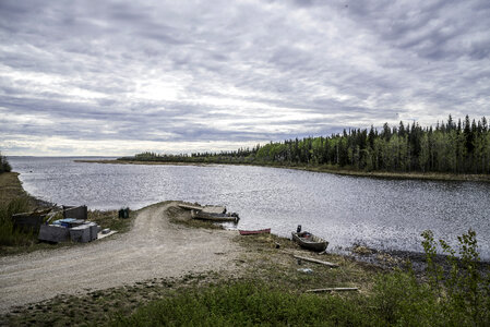 Landscape, river, and boat Launch at Kakisa