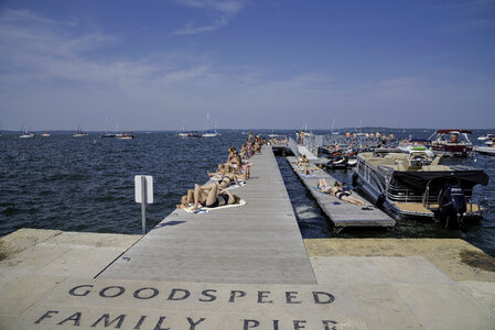 Girls sunbathing on the Pier at Lake Mendota, Madison