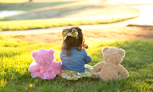 Little Girl Sitting on the Grass with Her Teddy Bears photo