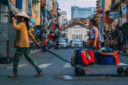 View of a busy street on a weekday in Hanoi, Vietnam