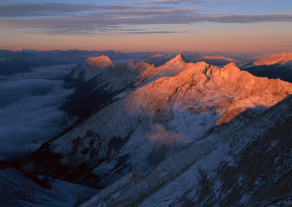 Beautiful winter landscape in the mountains. Sunset photo