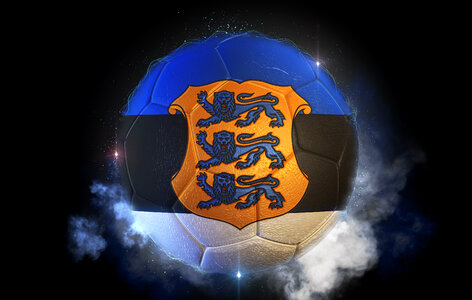 Soccer ball textured with flag of Estonia with coat of arms