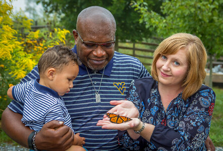 Family with monarch butterfly on goldenrod flowers