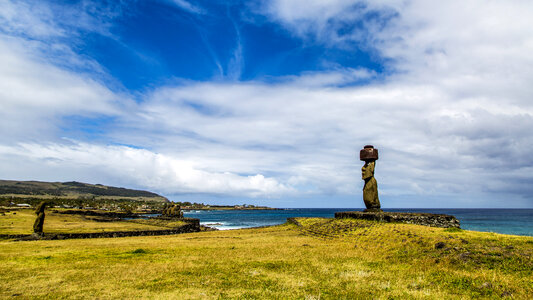 Landscape of Easter Island with sky and statue in Chile