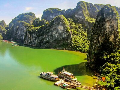 Mountains ships boats photo