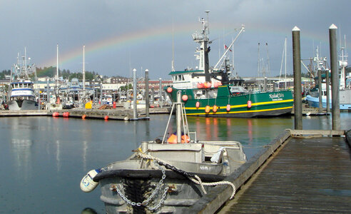 Kodiak Harbor, July 2009 with boats and a rainbow in Alaska