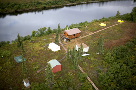 Aerial view of cabins and other outbuildings photo