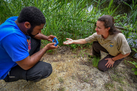 FWS employee holds shells for young man to photograph with cell phone photo