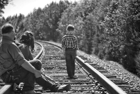 Railroad tracks black and white portrait photo