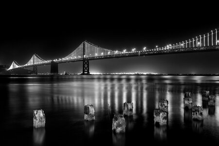 Black & White Image of Oakland Bay Bridge by Night, San Francisco, California photo