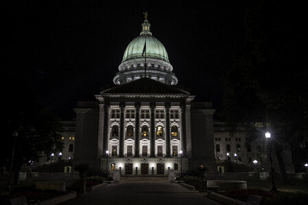 Lighted up Capital building at Night in Madison, Wisconsin photo