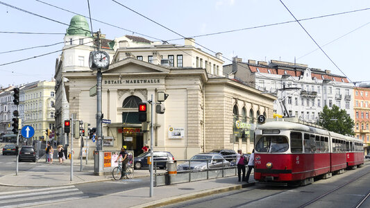 Red vintage tramway SGP Type E1 at the city street photo