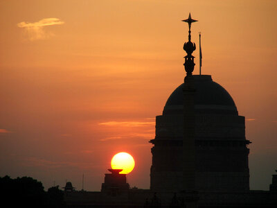 Sunset over the president's house in New Delhi, India photo