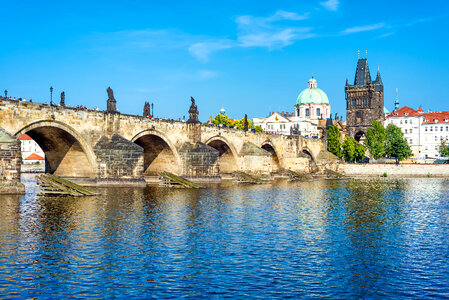 View of Prague castle and Charles bridge over Vltava river, Czech Republic photo