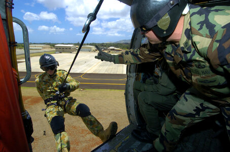 Airborne Troops practicing on a Helicopter in Wheeler Army Airfield, Hawaii