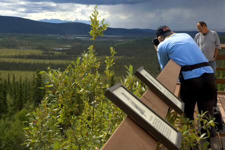 Scenic view of mountains and lakes from deck of Lee Westenburg Visitor Center