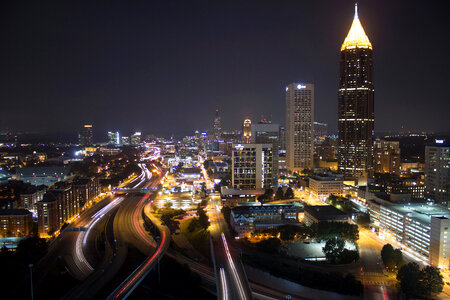 Cityscape with night lights with roads and skyscrapers in Atlanta, Georgia photo