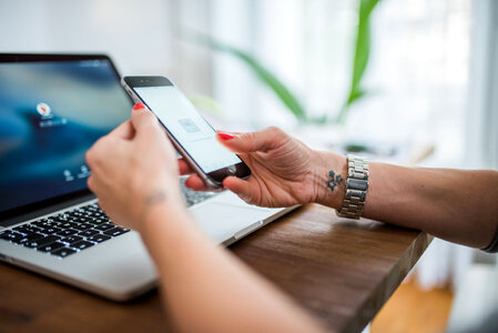 Woman on Mobile & Computer photo