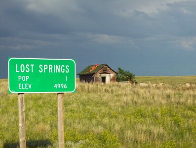 Road Sign in Lost Springs in Wyoming photo