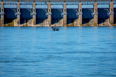 Angler in boat at Gavins Point Dam on Missouri River near Yankton, South Dakota-1