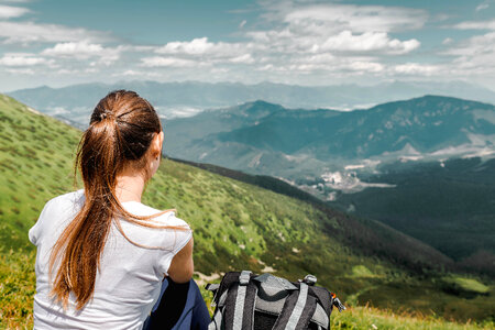 1 Tourist traveler on background valley landscape view photo