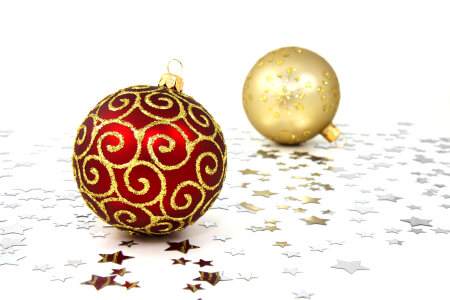 Red and golden Christmas baubles photo