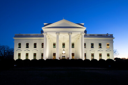 The White House at night with Christmas lighting