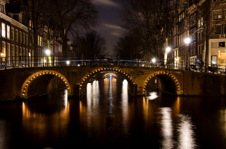 Bridge and Canals at Night, Amsterdam, Netherlands photo