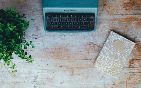 Blue Vintage Typewriter with Plant and Notebook on the Grung Wooden Table photo