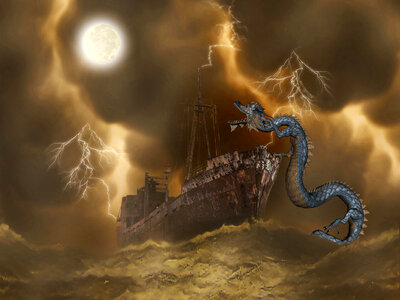 Monster Sea Serpent attack boat in the Ocean photo