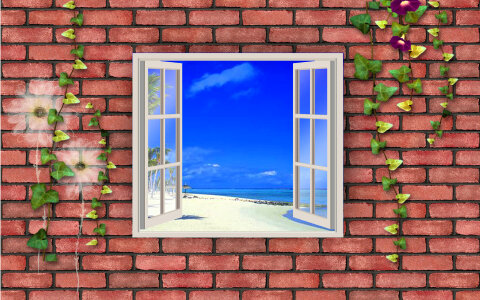 Open window against a brick wall and the beach