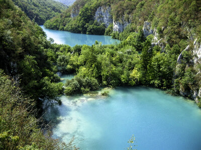 Turquoise-colored lakes at Plitvice Lakes National Park, Croatia photo