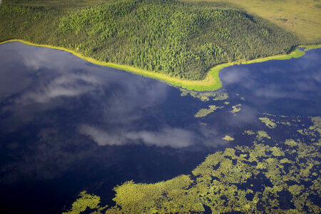 Aerial shot of lake and mountains in Tetlin National Wildlife Refuge