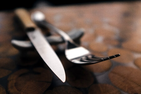 Fork and steak knife close up photo