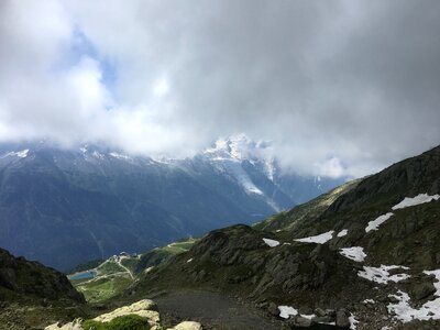 Mountain trail looking towards Mont Blanc mountain range