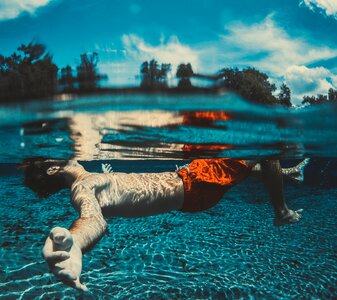 Boy Floating Underwater in a Lake photo