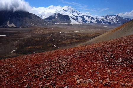 Landscape and snow-capped mountains