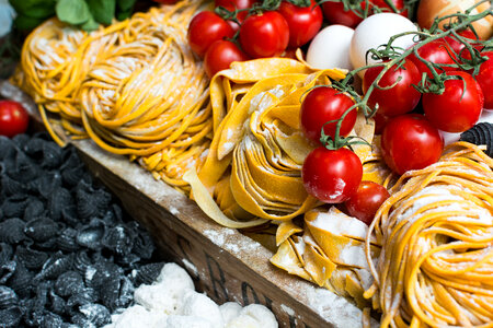 Pasta, tomatoes and other Italian ingredients photo