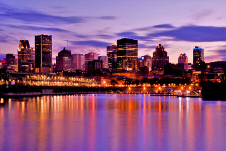 Night Time Skyline across the water in Montreal, Quebec, Canada photo