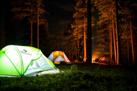 Camping in Forest with Tent Light and Bonfire photo