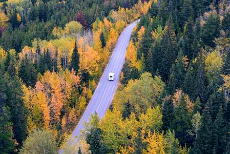 Vehicle going through autumn falls on the road in Jasper National Park, Alberta, Canada photo