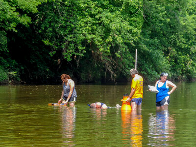 Students laying underwater transects