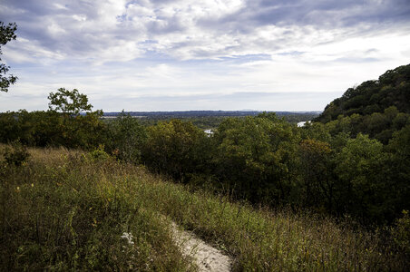 Trail and Landscape under the sky and clouds at Ferry Bluff, Wisconsin photo