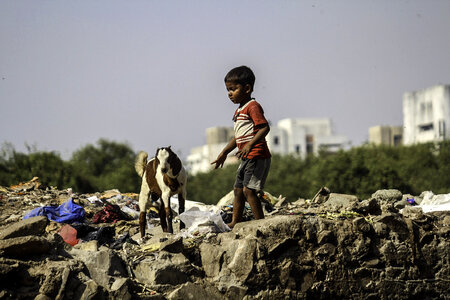 Boy and Goat in Delhi, India photo