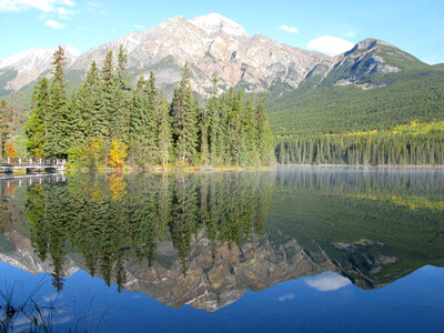 Landscape of mountain and lakes in Jasper National Park, Alberta, Canada photo