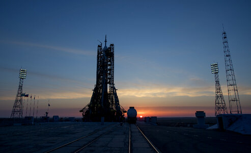 The Soyuz rocket is seen at dawn on launch s