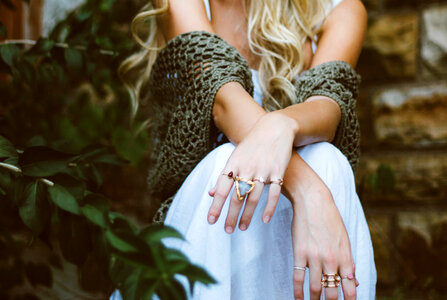 Close up of elegant diamond ring on woman finger photo